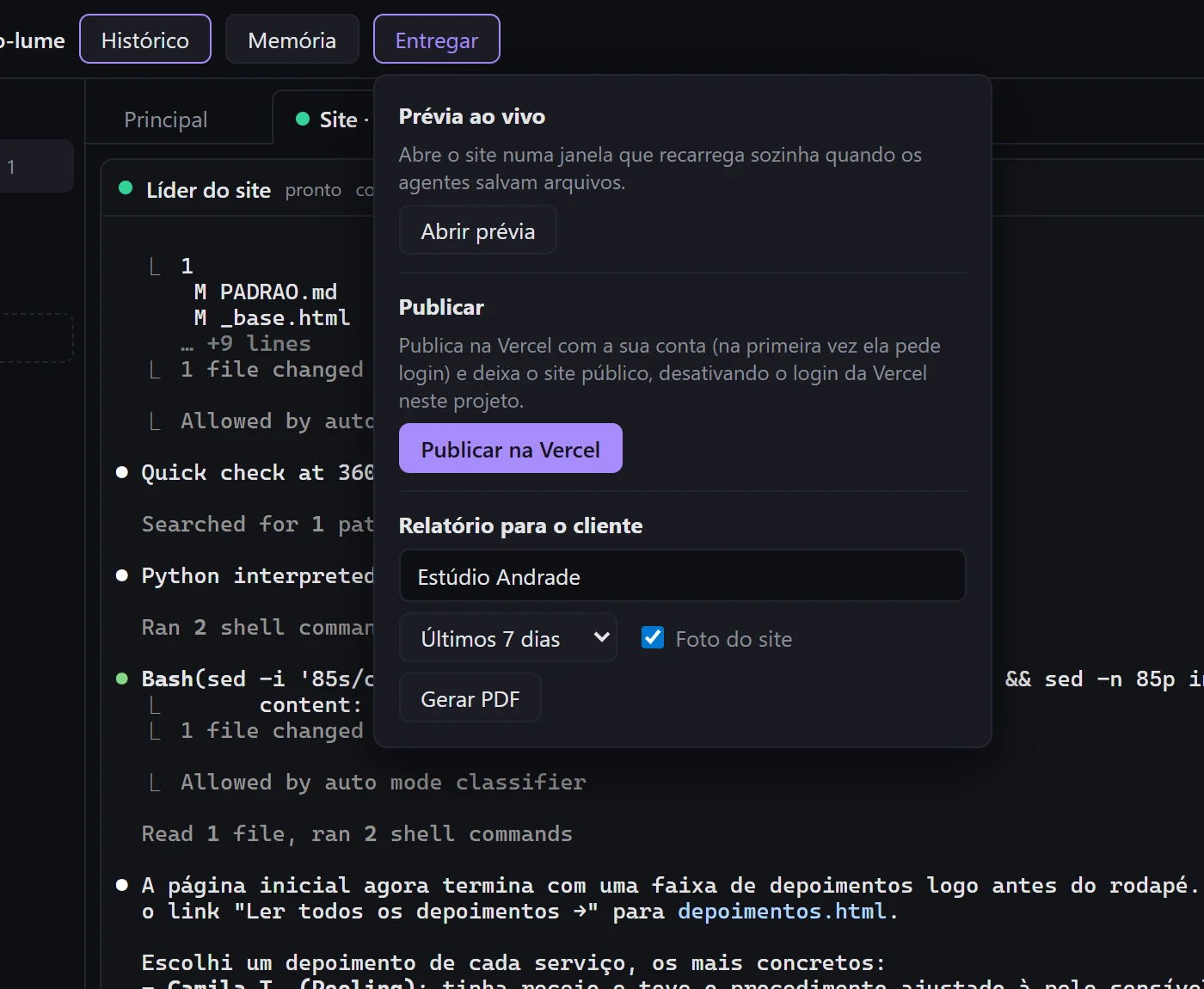 Menu Entregar com prévia, publicação e relatório